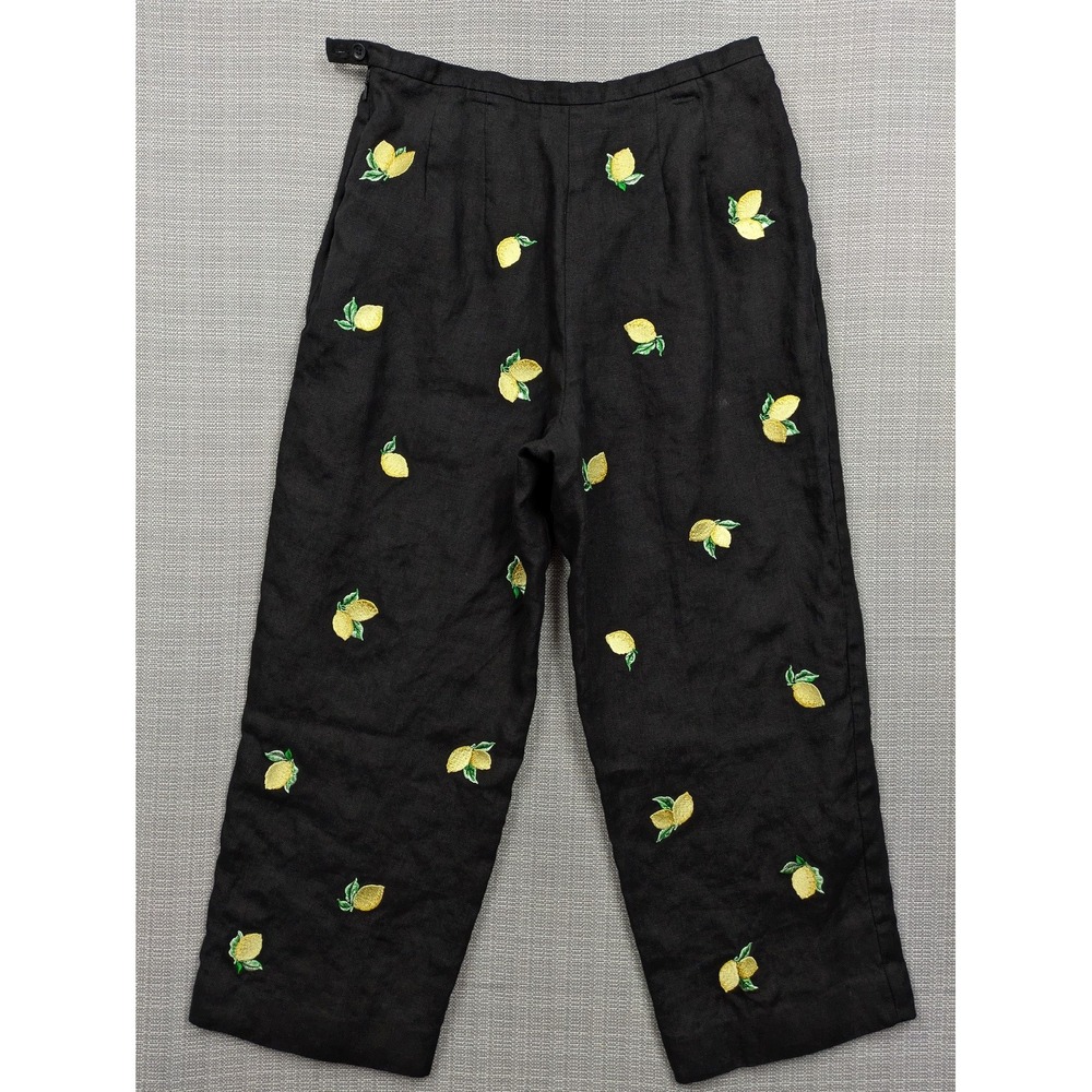 Talbots Pants Womens 10 Petite Black Irish Linen Embroidered Cropped Summer - Picture 3 of 5